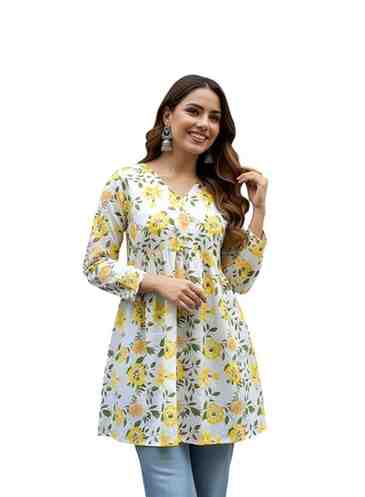 Women Cotton Blend Printed Kurti Tunic Top Casual Office Wear Ethnic Top Stylish Indo Western Summer Short Kurti for Women Latest